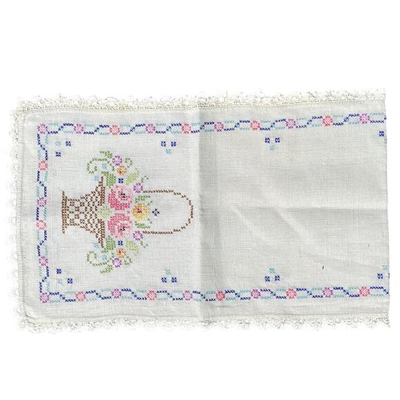 Vintage 40"x12" Hand-Stitched Needlework Tablecloth/Runner Flower Basket w/Trim - Picture 6 of 8